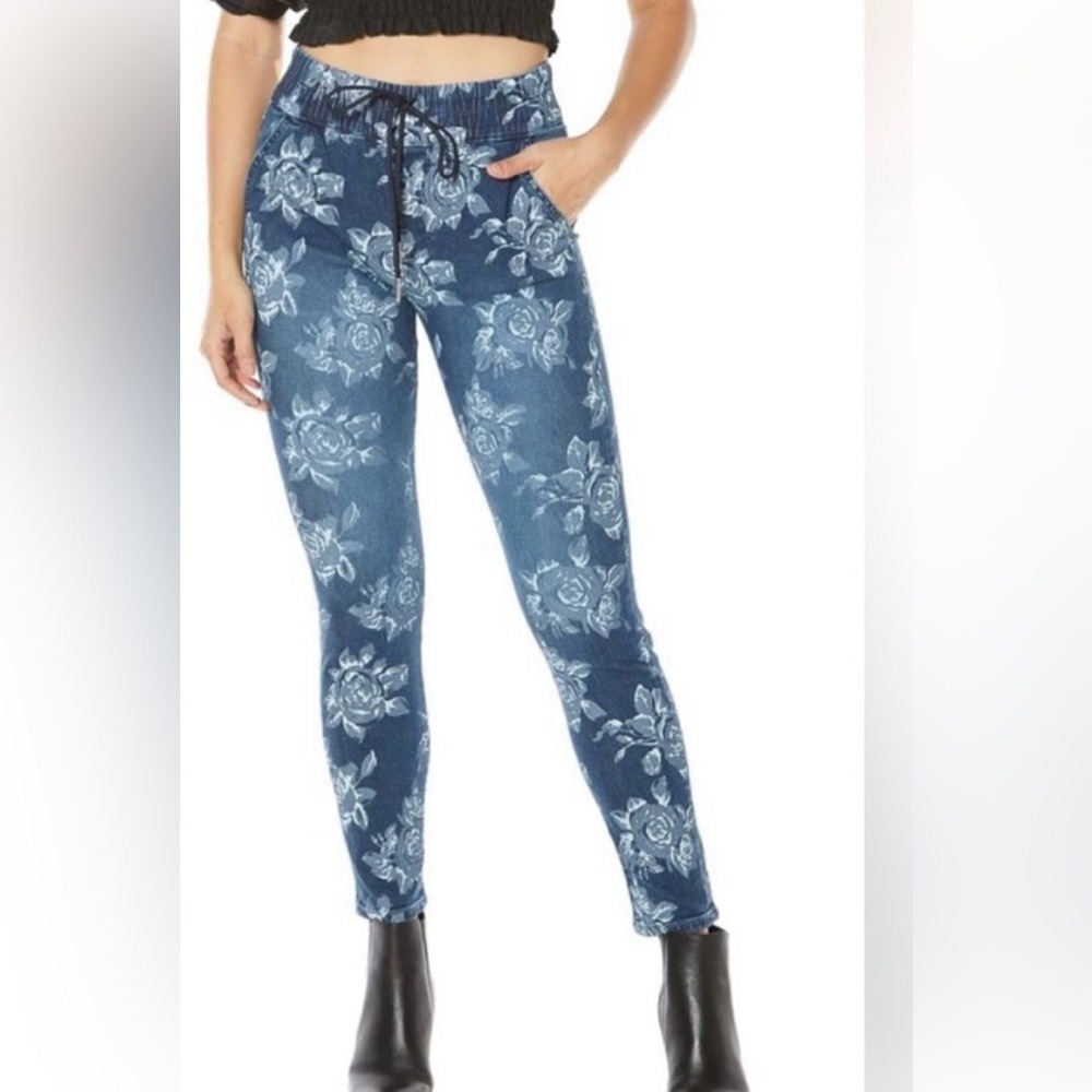 Juicy Couture Laguna Floral Print Jogger Jean Size 26 Blue Pull On Stretch Waist